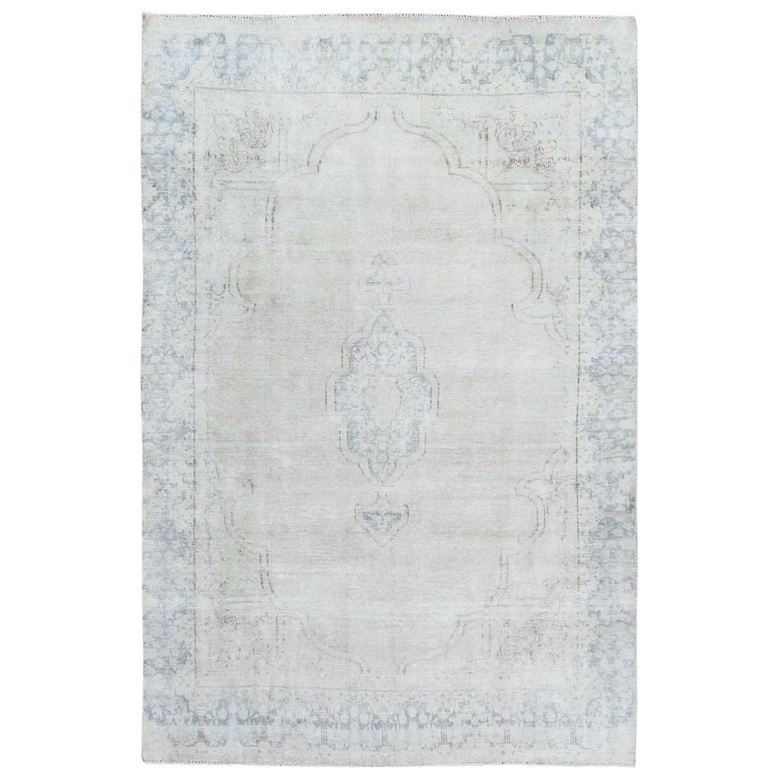 Ivory, Worn Wool Hand Knotted, Old Persian Kerman Distressed Look Rug: Title: Ivory, Worn Wool Hand Knotted, Old Persian Kerman Distressed Look Rug Description:This is a truly genuine one-of-a-kind. It has been Knotted for months and months in the centuries-old weaving c