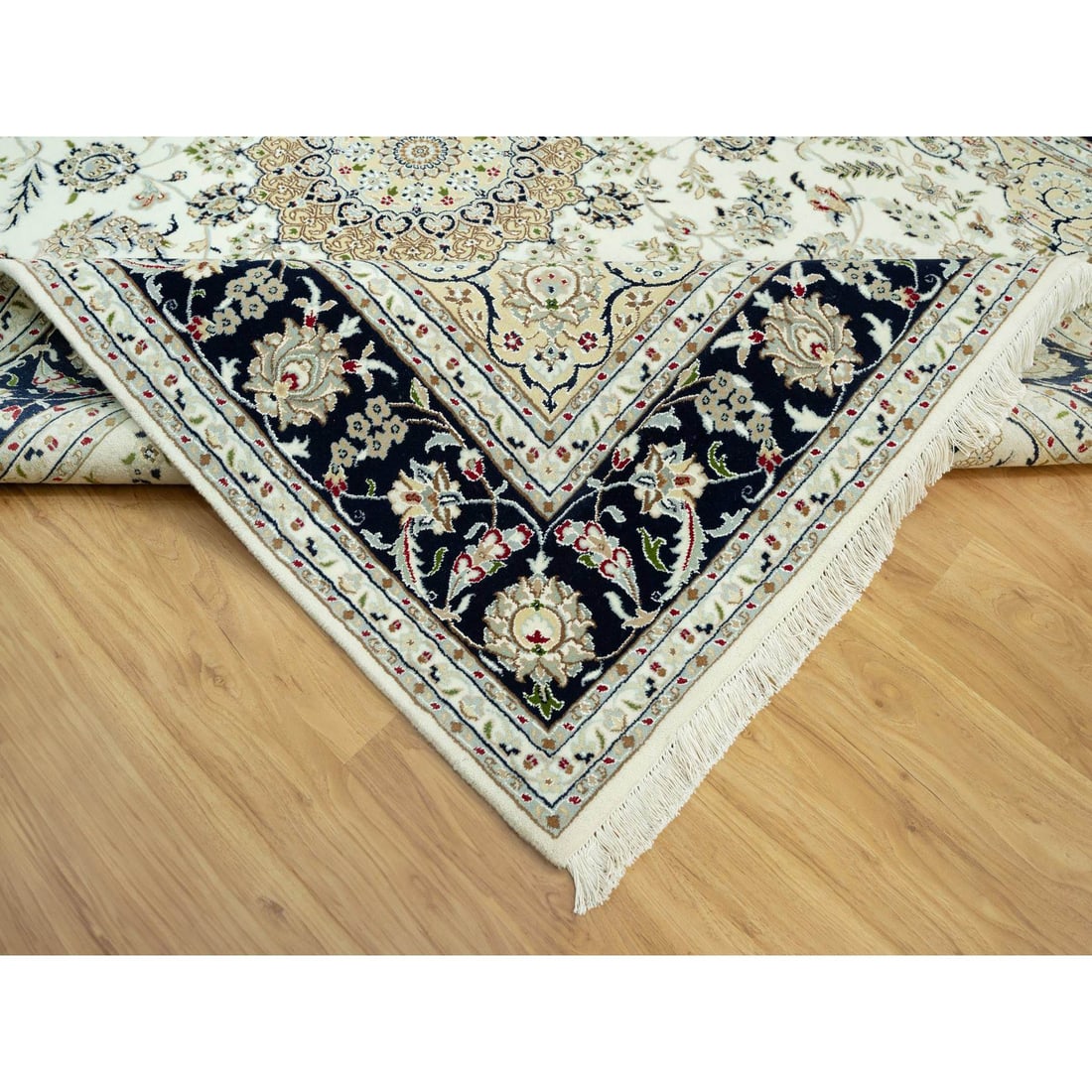 Origami White Hand Knotted 250 KPSI Nain Design Wool Denser Weave Rug - 6