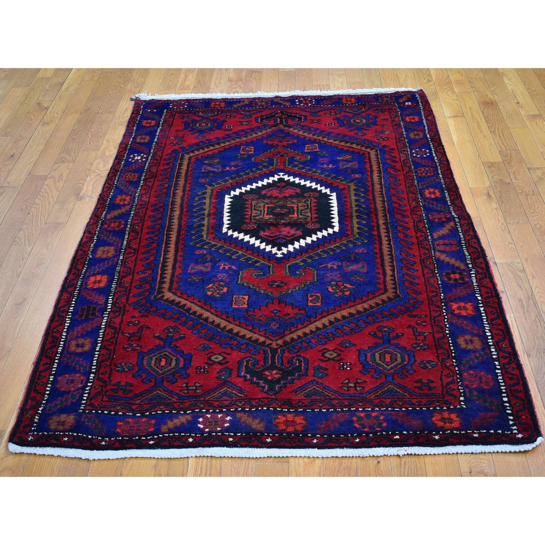 Red New Persian Hamadan Organic Wool Geometric Medallion Design Rug - 2