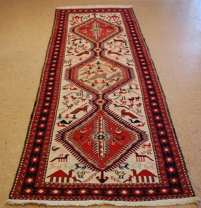 CAUCASIAN SOUMAK KILIM 3.2x8.7: Title: CAUCASIAN SOUMAK KILIM 3.2x8.7 Description: ANTIQUE EXCLUSIVE VEGETABLE DYE HIGH KPSI HIGHLY DETAILED WITH MANY SUBJECTS INCLUDING HUMAN CHARACTORS CAUCASIAN SOUMAK or SUMAKH KILIM FLAT WEAVE