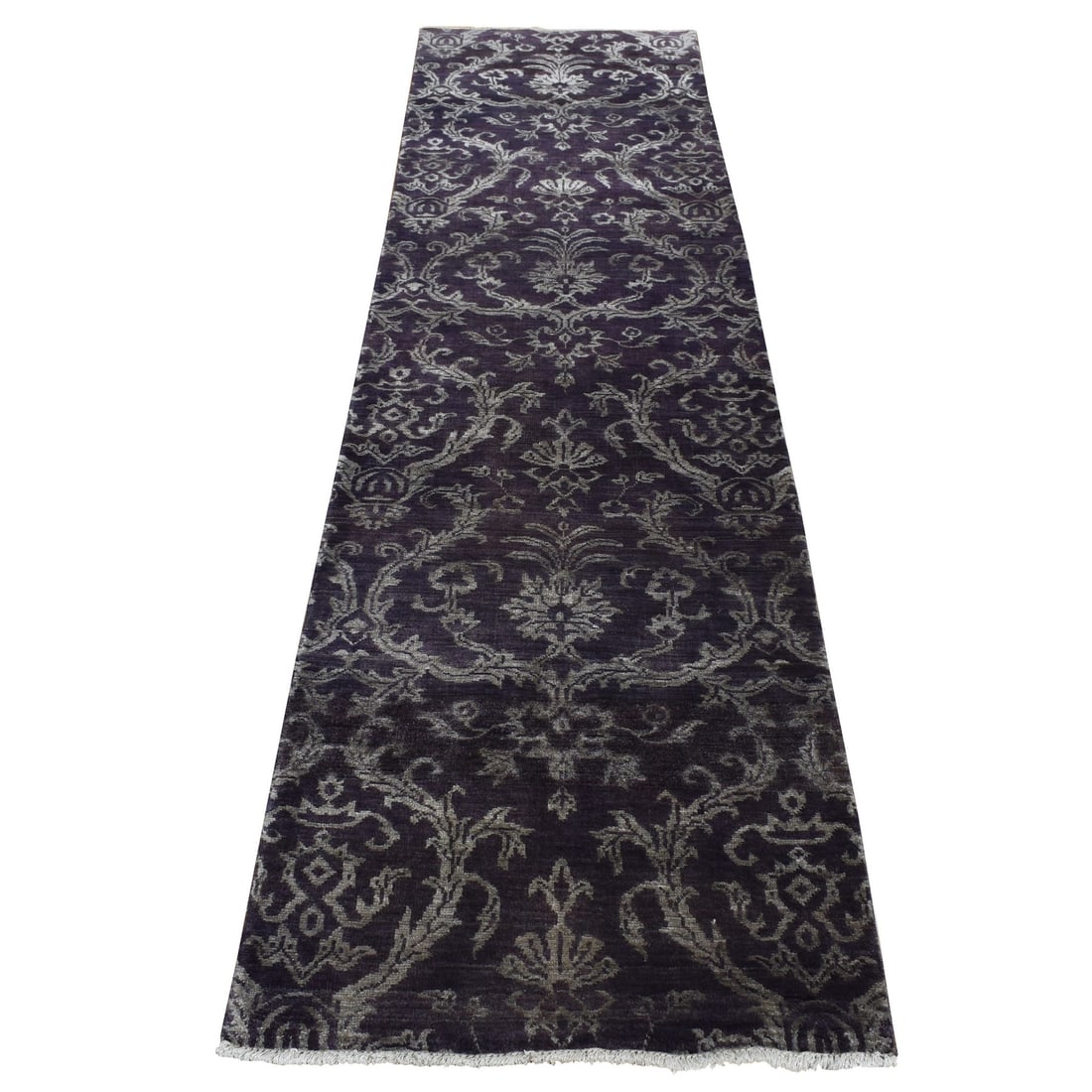 Brown, Damask Tone on Tone, Wool and Silk, Hand Knotted, Runner Rug: Title: Brown, Damask Tone on Tone, Wool and Silk, Hand Knotted, Runner Rug Description:This is a truly genuine one-of-a-kind. It has been Knotted for months and months in the centuries-old weaving