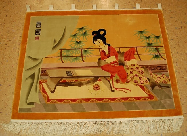 CHINESE RUG 3.2x4: Title: CHINESE RUG 3.2x4 Description:MINT SILK CHINESE WALL HANGING RUG with exact size of 3' 2" x 4' .Super detailed Geisha design.Condition is Perfect as shown in photos.Never Used under foot traffi
