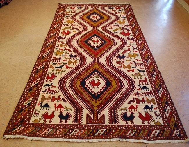 CAUCASIAN SOUMAK KILIM 4.8x9.9: Title:CAUCASIAN SOUMAK KILIM 4.8x9.9 Description:ANTIQUE EXCLUSIVE VEGETABLE DYE HIGH KPSI HIGHLY DETAILED WITH MANY SUBJECTS INCLUDING HUMAN CHARACTORS CAUCASIAN SOUMAK or SUMAKH KILIM FLAT WEAVE