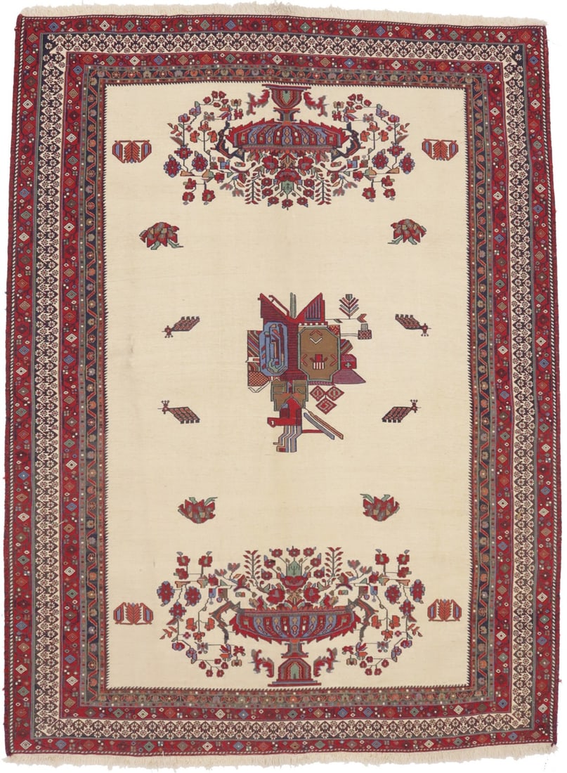 Cream Tribal 4'6X6 Sumak Persian Rug: Title: Cream Tribal 4'6X6 Sumak Persian Rug Description:Handmade 4'6X6 cream Oriental rug made with natural dyes (fine wool pile and cotton foundation), superior knot count, and appealing ancient