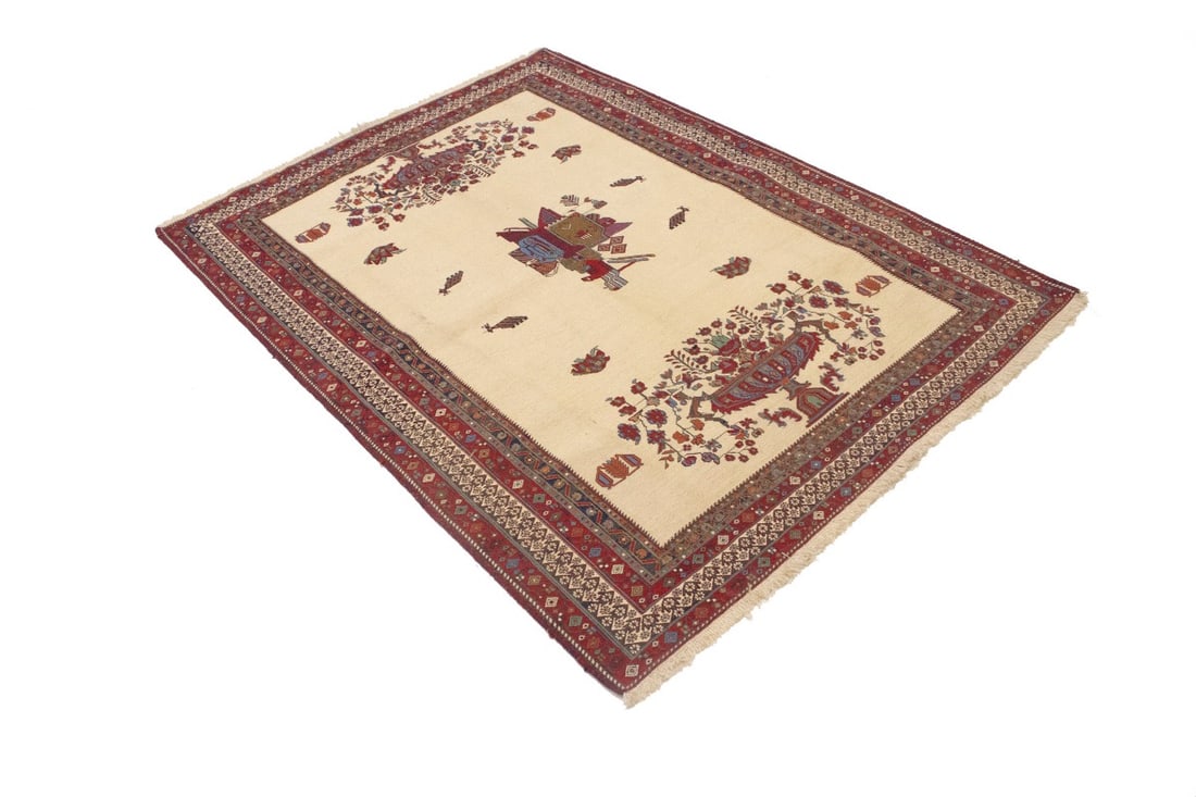 Cream Tribal 4'6X6 Sumak Persian Rug - 4