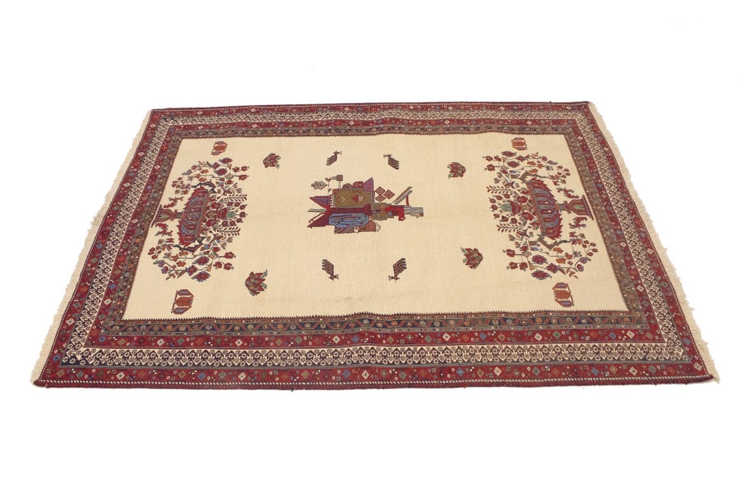 Cream Tribal 4'6X6 Sumak Persian Rug - 5
