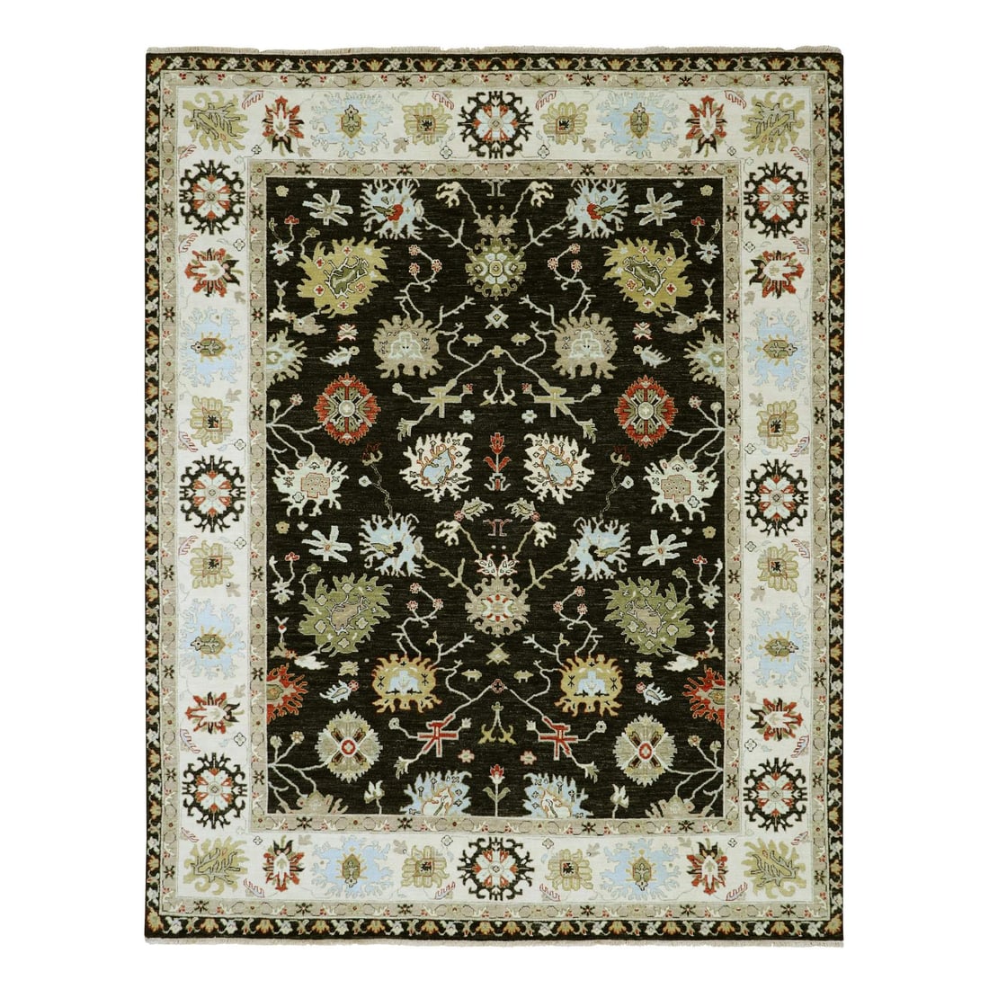 Raven Black, Agra with Ziegler Design, Hand Knotted, Pure Wool Rug: Title: Raven Black, Agra with Ziegler Design, Hand Knotted, Pure Wool Rug Description:This is a truly genuine one-of-a-kind. It has been Knotted for months and months in the centuries-old weaving