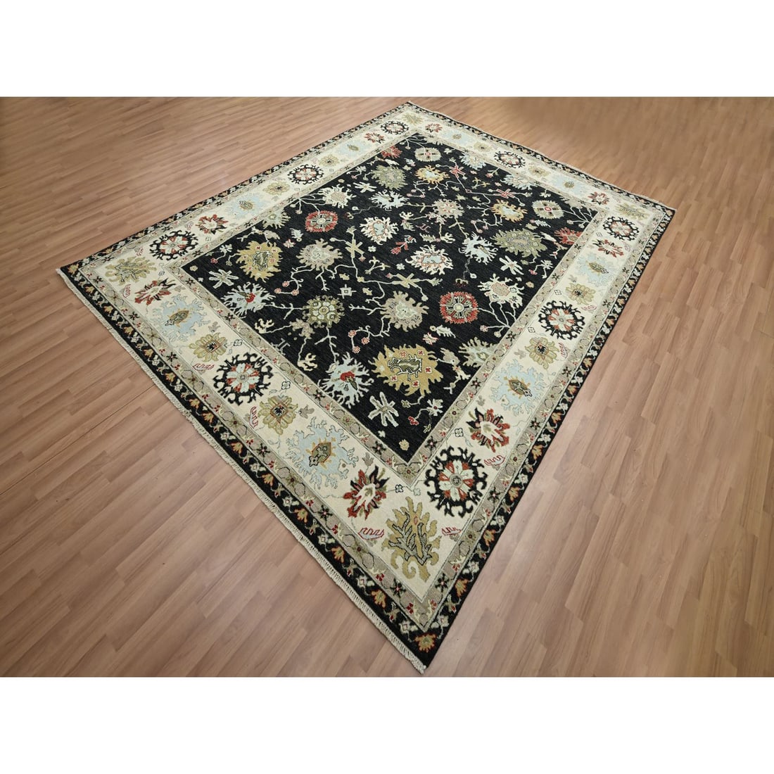 Raven Black, Agra with Ziegler Design, Hand Knotted, Pure Wool Rug - 3
