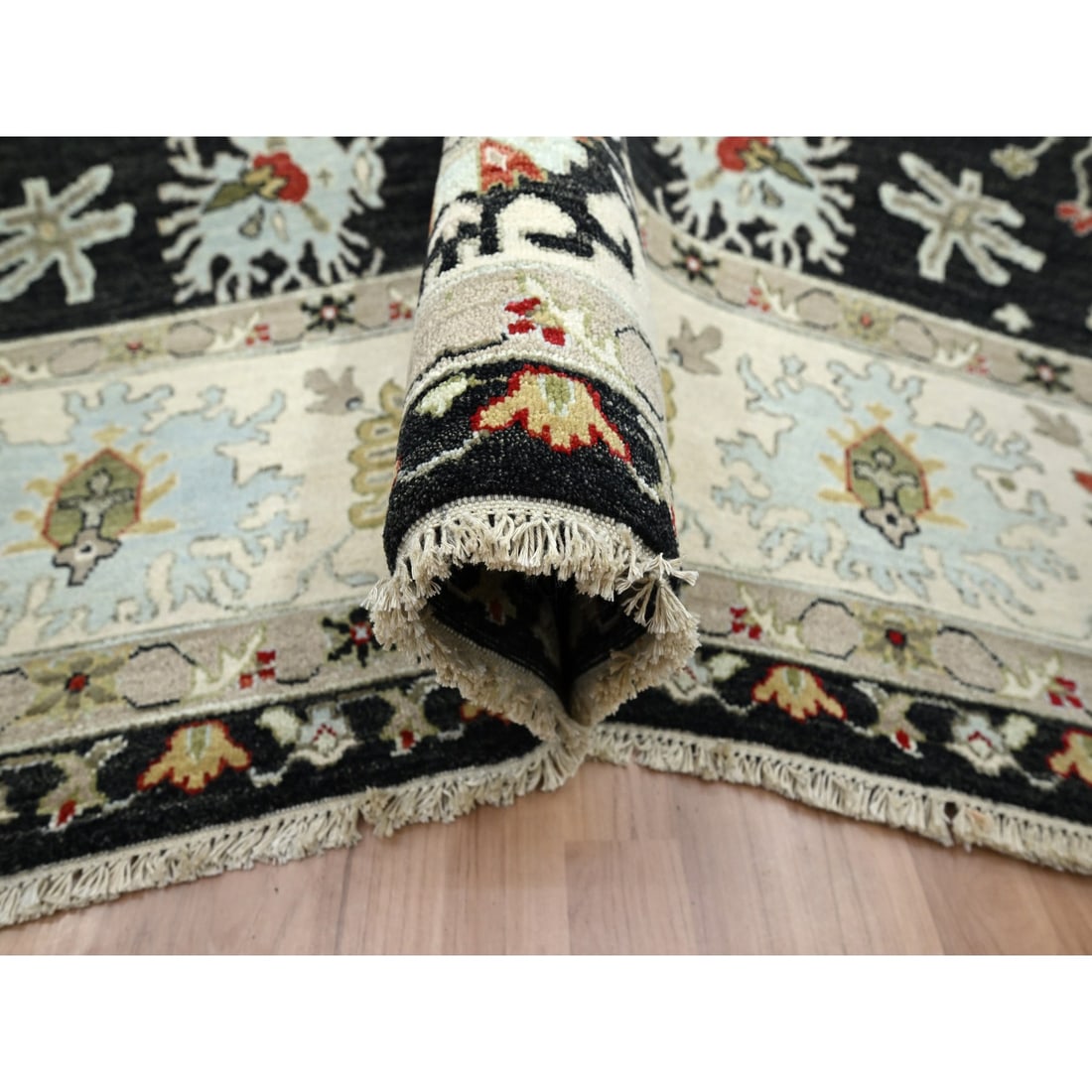 Raven Black, Agra with Ziegler Design, Hand Knotted, Pure Wool Rug - 5