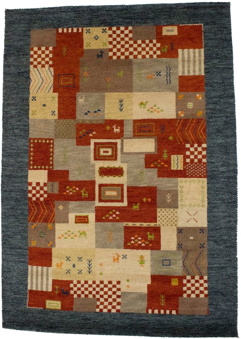 Multicolored Tribal 6X8 Indo-Gabbeh Oriental Rug: Title: Multicolored Tribal 6X8 Indo-Gabbeh Oriental Rug Description:Hand Knotted 6X8 gray oriental rug made with vegetable dyes (fine wool pile and cotton foundation), superior knot count, and
