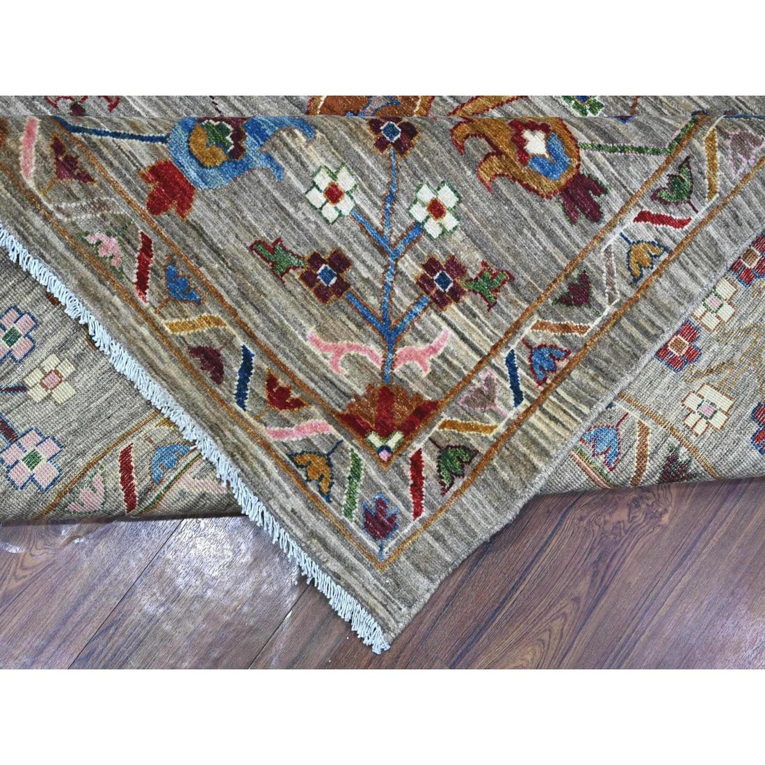 Storm Gray Hand Knotted Sultani Floral Pattern Soft Wool Oriental Rug - 6