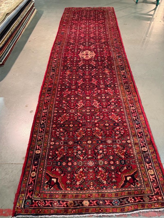 Stunning Persian Hamedan Rug 4x14.2: Title:Stunning Persian Hamedan Rug 4x14.2 Description:4'.0"X 14'.2" eye catching Authentic Persian Hamedan , in red multi accent colors, Vege dye Hand Knotted in Iran 100% Natural wool pile Reserve: $