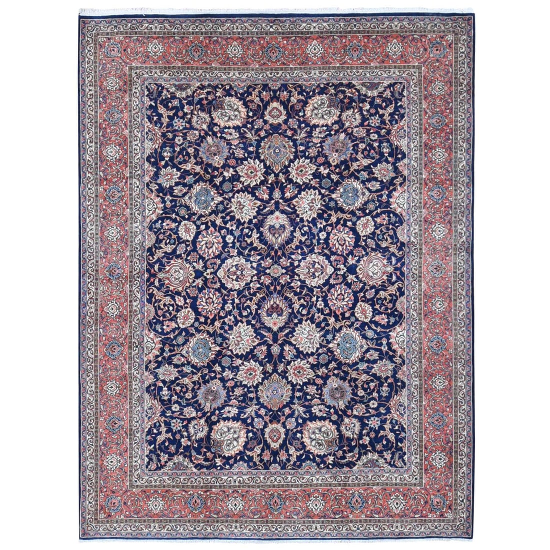 Midnight Blue, New Persian Kashan, Organic Wool Hand Knotted Rug: Title: Midnight Blue, New Persian Kashan, Organic Wool Hand Knotted Rug Description:This is a truly genuine one-of-a-kind. It has been Knotted for months and months in the centuries-old weaving