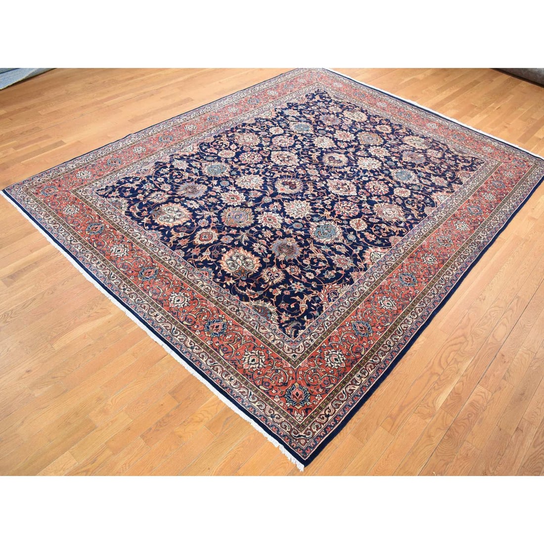 Midnight Blue, New Persian Kashan, Organic Wool Hand Knotted Rug - 3