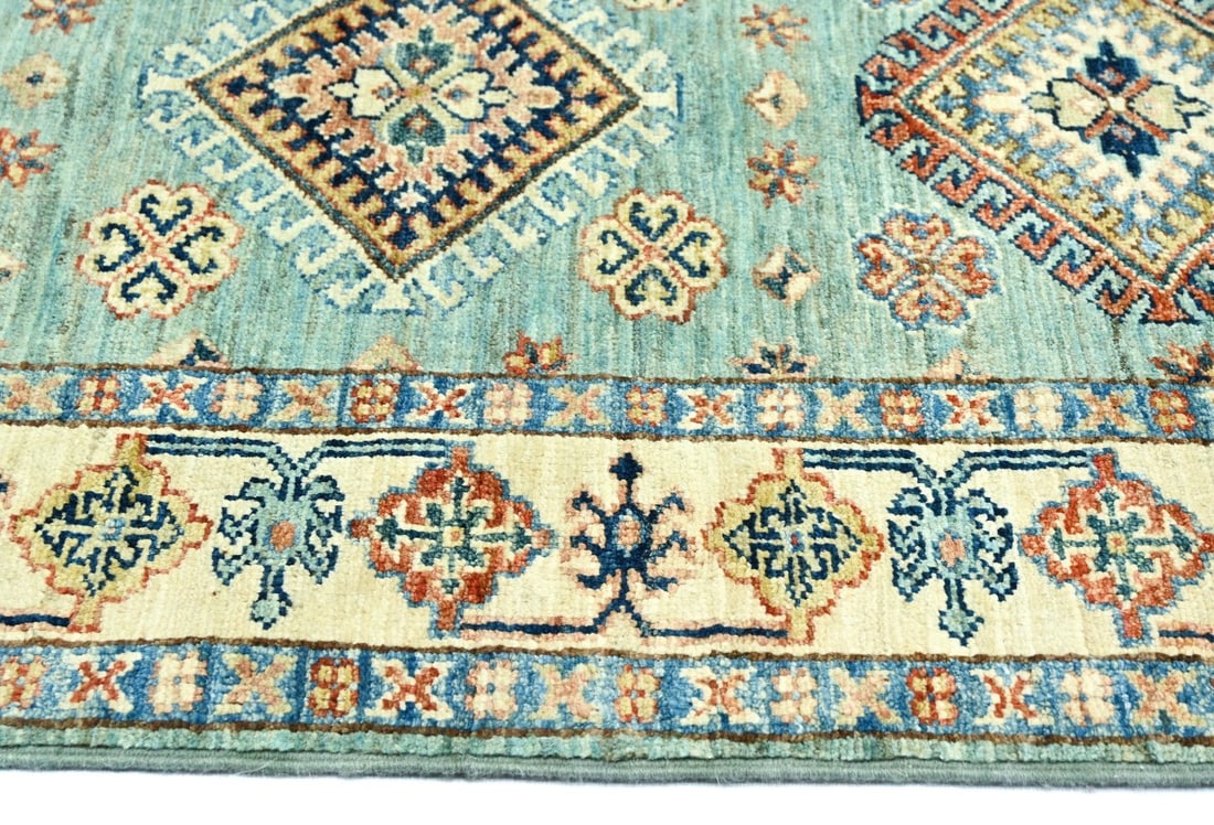 Aqua Tribal Geometric 2'7X9'4 Kazak Pakistan Oriental Runner Rug - 10