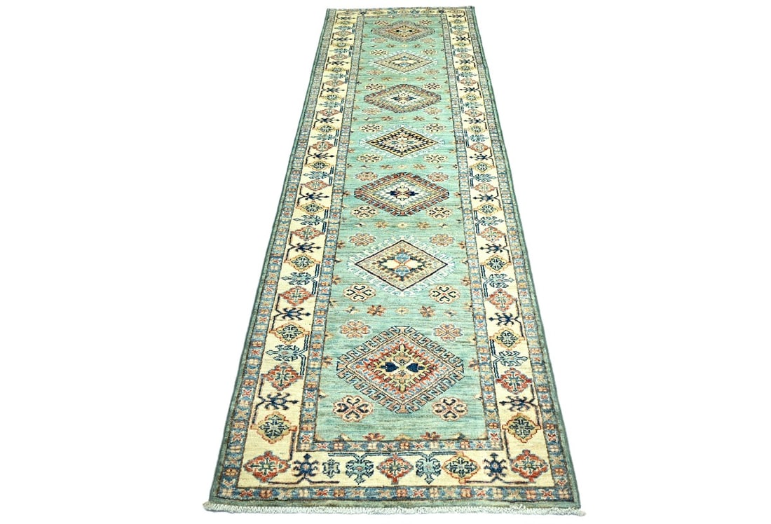 Aqua Tribal Geometric 2'7X9'4 Kazak Pakistan Oriental Runner Rug - 11