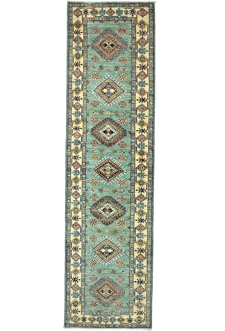 Aqua Tribal Geometric 2'7X9'4 Kazak Pakistan Oriental Runner Rug: Title: Aqua Tribal Geometric 2'7X9'4 Kazak Pakistan Oriental Runner Rug Description:Handmade 2'7X9'4 blue Oriental runner made with vegetable dyes (fine wool pile and cotton foundation), exceptional k