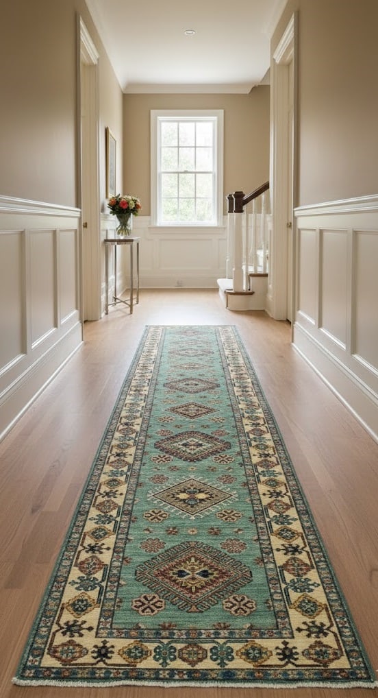 Aqua Tribal Geometric 2'7X9'4 Kazak Pakistan Oriental Runner Rug - 2