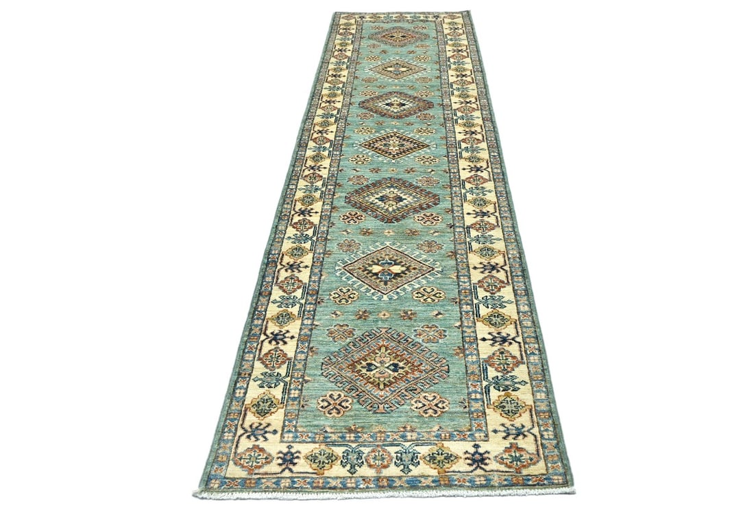 Aqua Tribal Geometric 2'7X9'4 Kazak Pakistan Oriental Runner Rug - 3