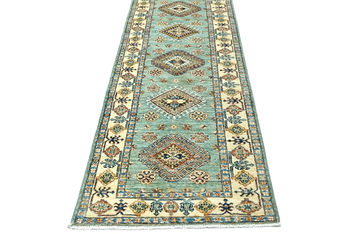 Aqua Tribal Geometric 2'7X9'4 Kazak Pakistan Oriental Runner Rug - 4