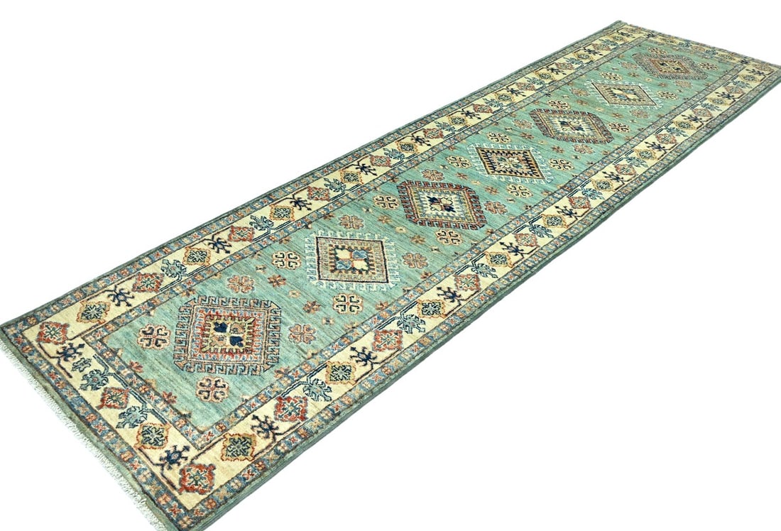 Aqua Tribal Geometric 2'7X9'4 Kazak Pakistan Oriental Runner Rug - 5