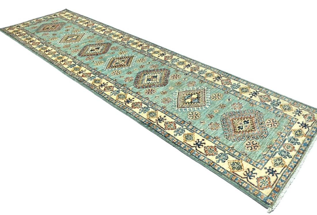 Aqua Tribal Geometric 2'7X9'4 Kazak Pakistan Oriental Runner Rug - 6