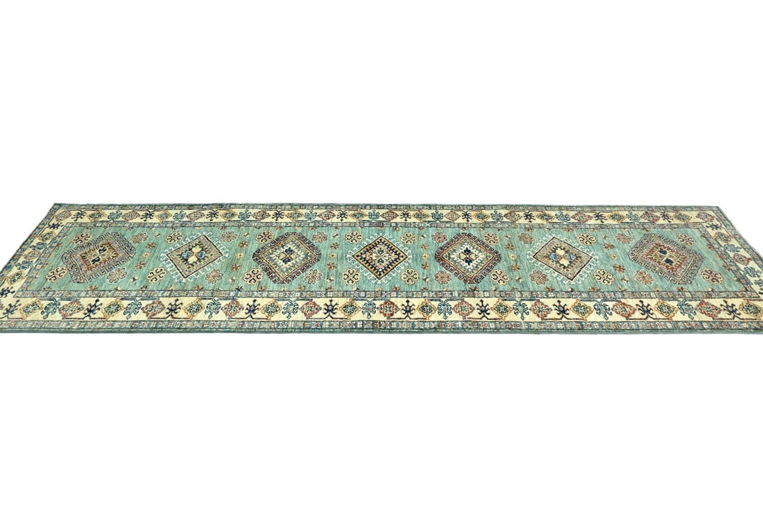 Aqua Tribal Geometric 2'7X9'4 Kazak Pakistan Oriental Runner Rug - 7