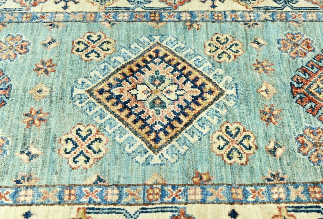 Aqua Tribal Geometric 2'7X9'4 Kazak Pakistan Oriental Runner Rug - 8