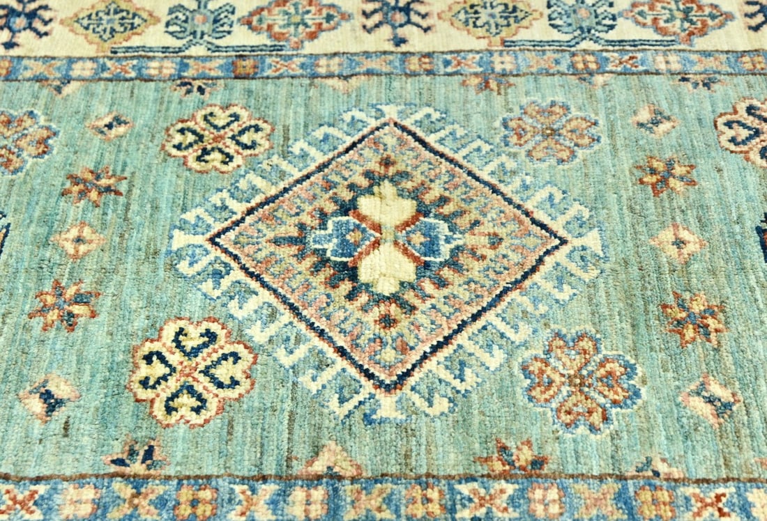 Aqua Tribal Geometric 2'7X9'4 Kazak Pakistan Oriental Runner Rug - 9