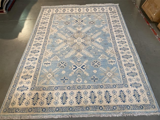 EXQUISITE SUPER KAZAK RUG 4'.9"X6'.6": Title:EXQUISITE SUPER KAZAK RUG 4'.9"X6'.6" Description:4'.9"X6'.6" Super quality Kazak Rug in Antique finish , hand spun and hand knotted rug in Pakistan 100% Vegge Dye natural wool pile ,muted
