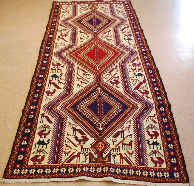 CAUCASIAN SOUMAK KILIM 3.5x8.11: Title:CAUCASIAN SOUMAK KILIM 3.5x8.11 Description:MUST HAVEwith exact size of 3' 5" x 8' 11" Highly Detailed Caucasian design with many Animal subjects beautiful colors including
