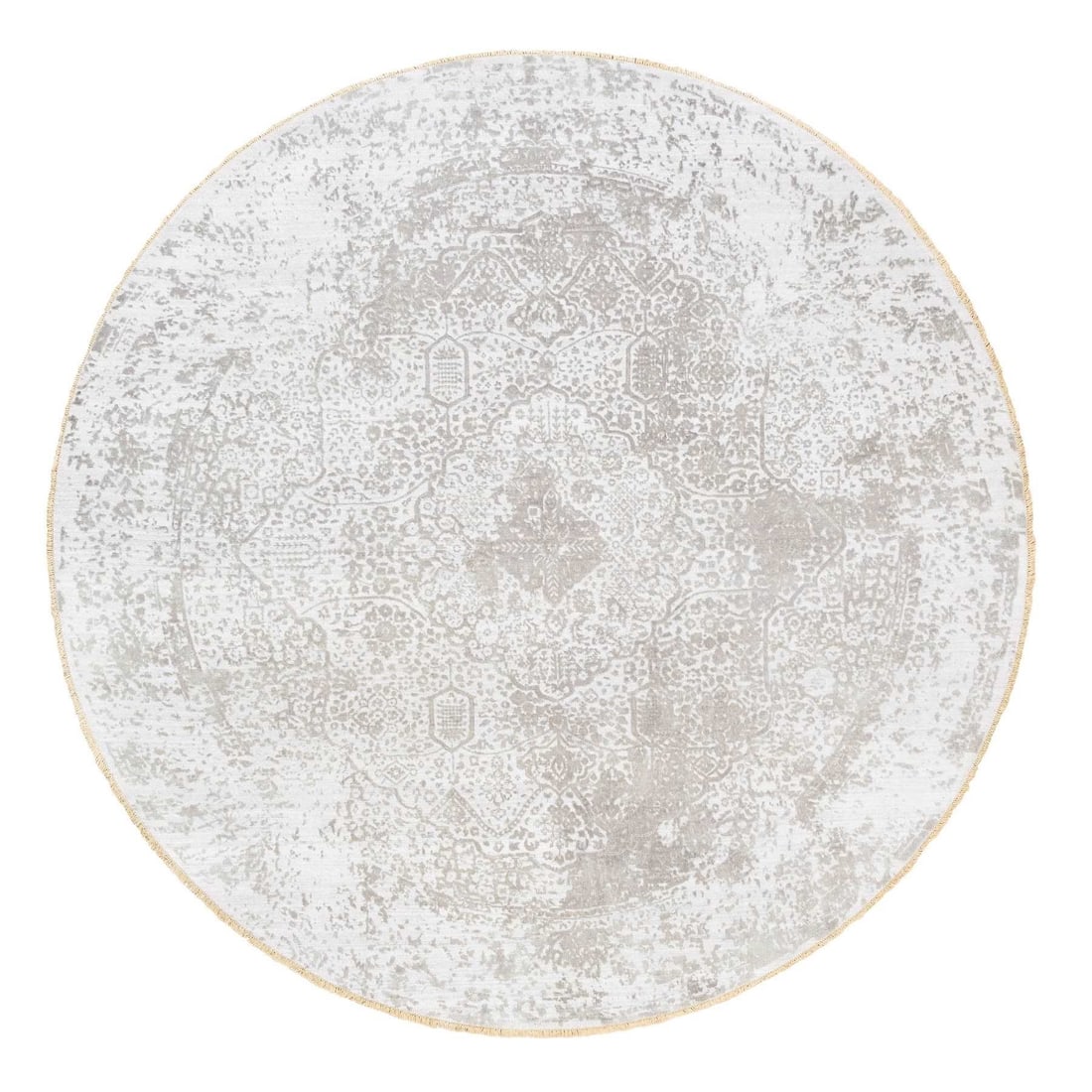 Round Grey Broken Persian Design Wool And Pure Silk Hand Knotted Rug: Title: Round Grey Broken Persian Design Wool And Pure Silk Hand Knotted Rug Description:This is a truly genuine one-of-a-kind. It has been Knotted for months and months in the centuries-old weaving