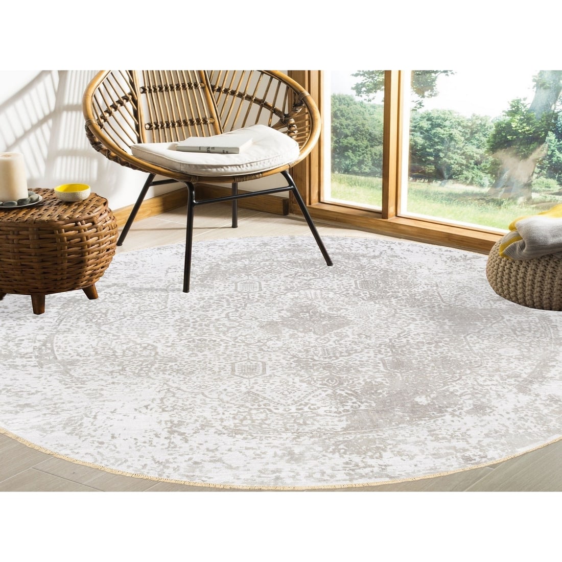 Round Grey Broken Persian Design Wool And Pure Silk Hand Knotted Rug - 2
