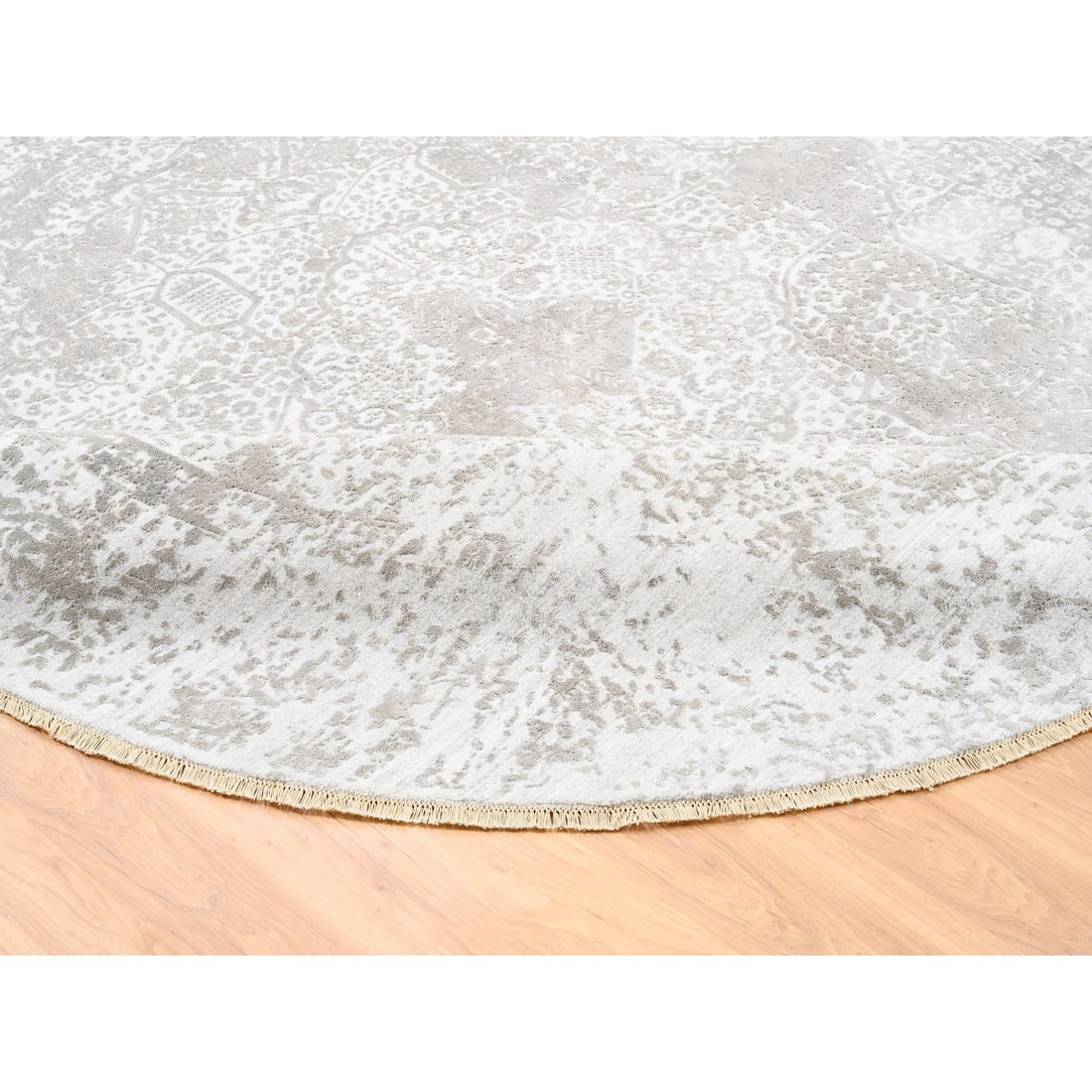 Round Grey Broken Persian Design Wool And Pure Silk Hand Knotted Rug - 7