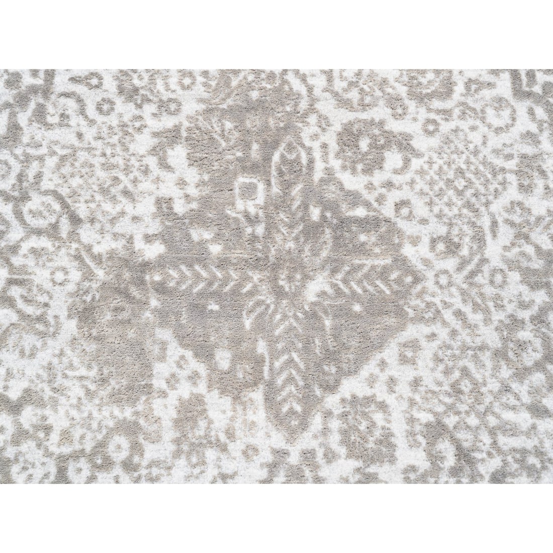 Round Grey Broken Persian Design Wool And Pure Silk Hand Knotted Rug - 9