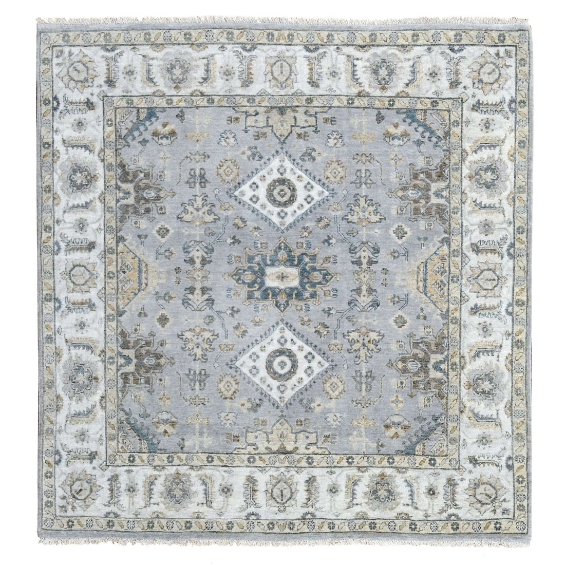 Blue Gray Wool Karjihooz Geometric Hand Knotted Square Rug: Title: Blue Gray Wool Karjihooz Geometric Hand Knotted Square Rug Description:This is a truly genuine one-of-a-kind. It has been Knotted for months and months in the centuries-old weaving