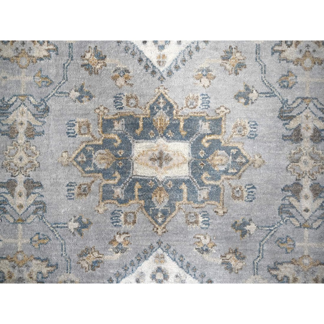 Blue Gray Wool Karjihooz Geometric Hand Knotted Square Rug - 5