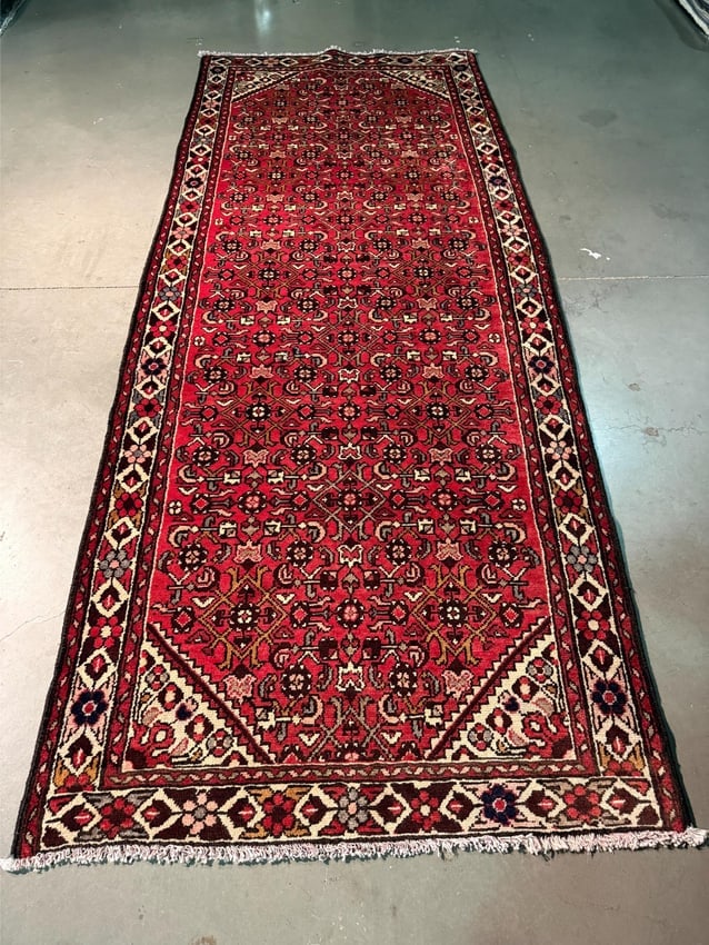 Stunning Persian Hamedan Rug 3.10x9.5: Title:Stunning Persian Hamedan Rug 3.10x9.5 Description:3'.10"X 9'.5" eye catching Authentic Persian Hamedan , in Geometric pattern multi accent colors, Vege dye Hand Knotted in Iran 100% Natural wool