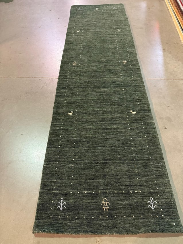 Magnificent Gabbeh Runner 2'.9"x10': Title:Magnificent Gabbeh Runner 2'.9"x10' Description:Decorative, Fine weave Gabbeh runner, 100% natural Veggie Dyes Wool pile , in green color , Hand Knotted in India, 2'.9"x10'.1" Reserve: $625.00 S