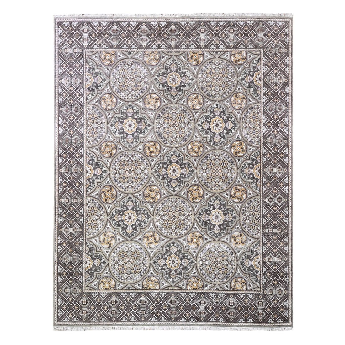 Wool & Silk Mughal Inspired Medallions Design Hand Knotted Brown Rug (1 of 11)
