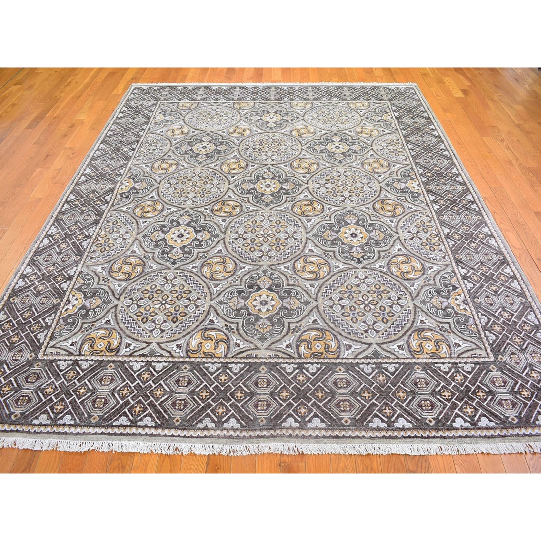 Wool & Silk Mughal Inspired Medallions Design Hand Knotted Brown Rug - 2