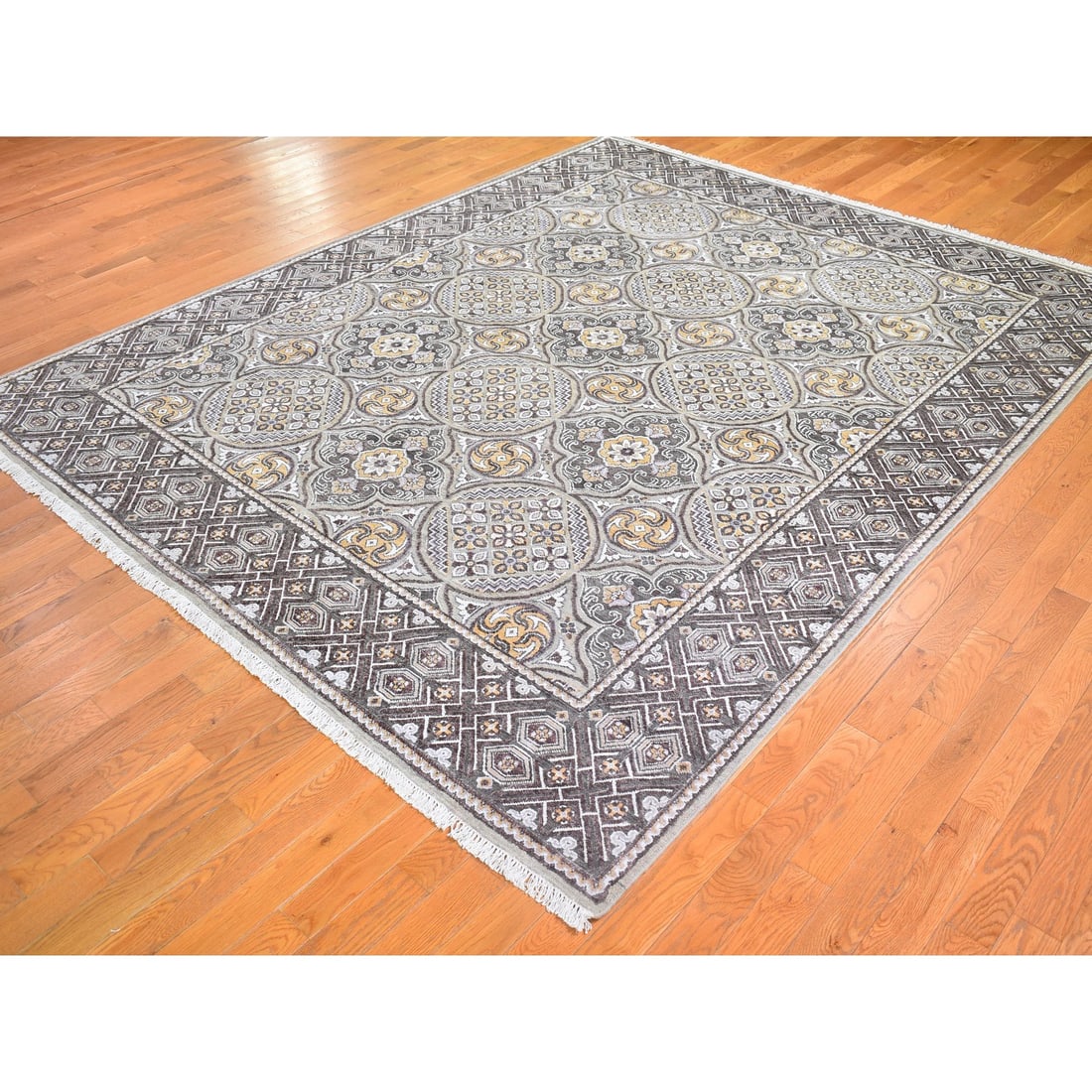 Wool & Silk Mughal Inspired Medallions Design Hand Knotted Brown Rug - 3