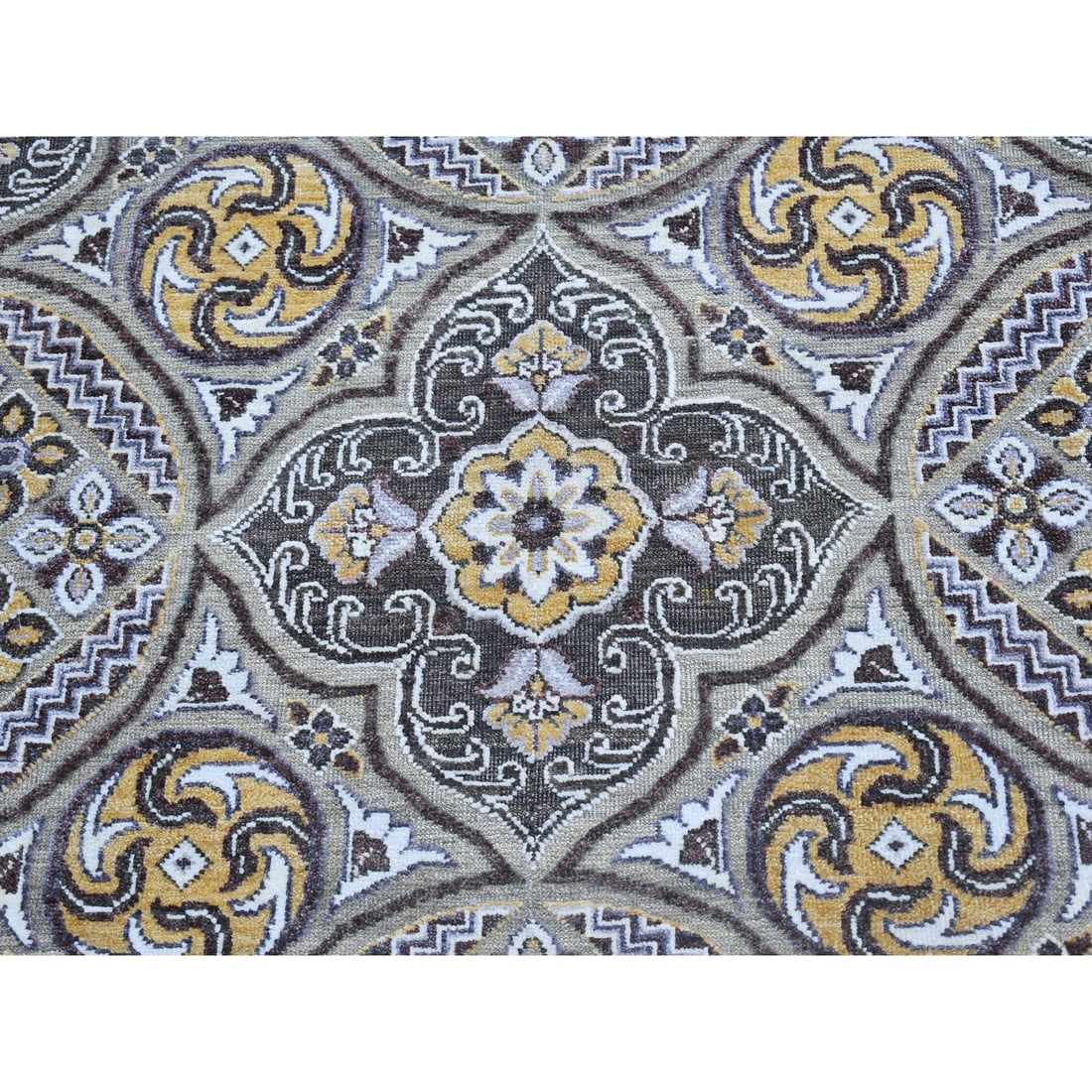 Wool & Silk Mughal Inspired Medallions Design Hand Knotted Brown Rug - 4