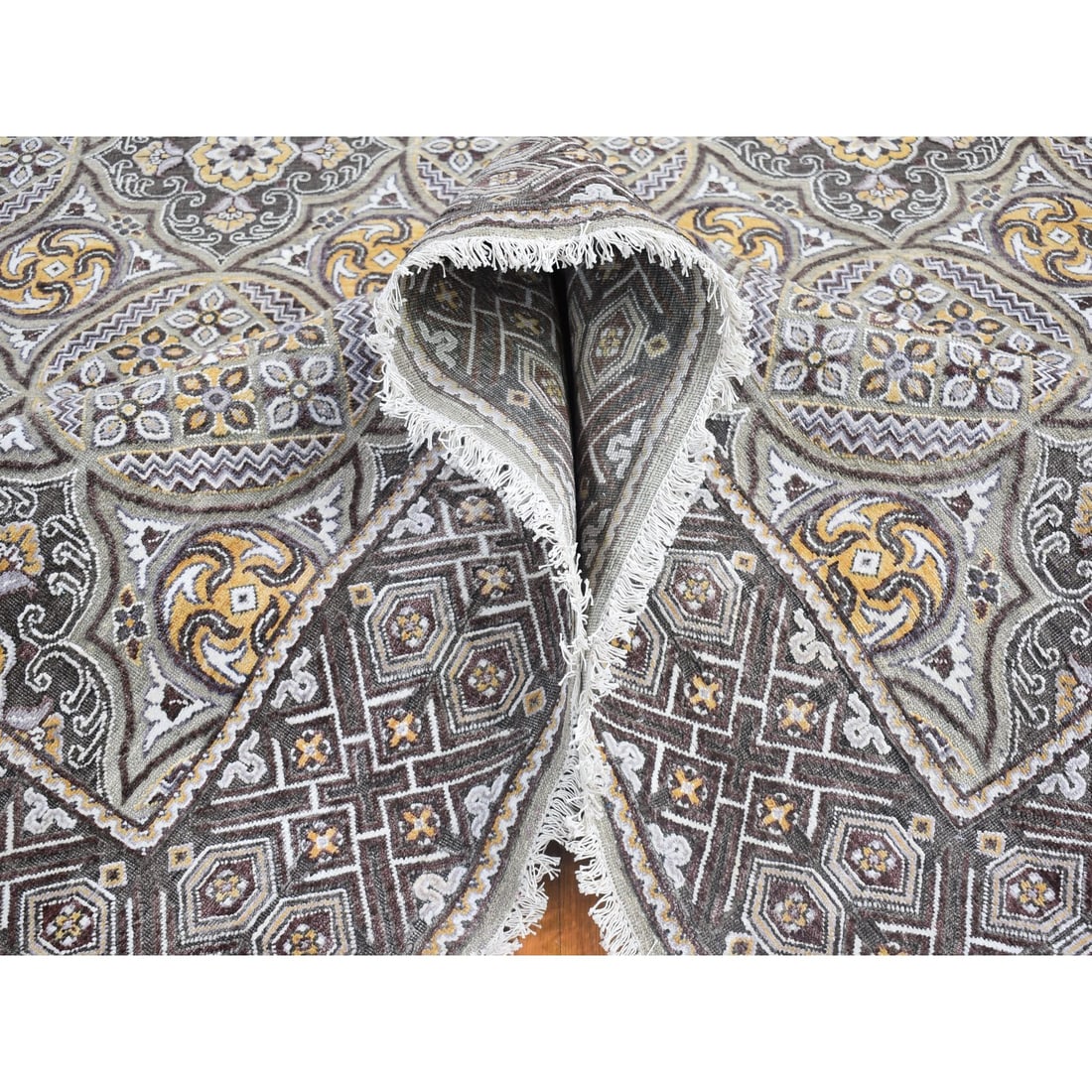 Wool & Silk Mughal Inspired Medallions Design Hand Knotted Brown Rug - 5