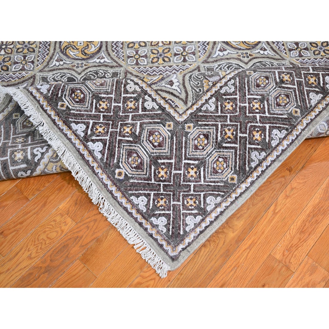 Wool & Silk Mughal Inspired Medallions Design Hand Knotted Brown Rug - 6