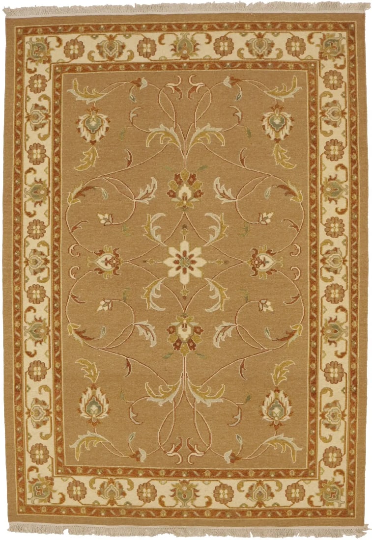 Khaki Floral 6X8 Sumak Oriental Rug: Title: Khaki Floral 6X8 Sumak Oriental Rug Description:Handmade 6X8 khaki Oriental rug made with vegetable dyes (fine wool pile and cotton foundation), superior knot count, and appealing ancient desig