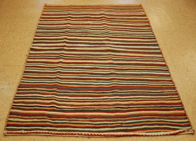 Persian JAJIM KILIM RUG 4.8x6.10: Title: Persian JAJIM KILIM RUG 4.8x6.10 Description: ONE OF THE RAREST AND MOST COLLECTED ANTIQUE FINELY WOVEN JAJIM KILIM FLAT WEAVE ..with exact size of 4' 8" x 6' 10" Multi-Color stripe design incl