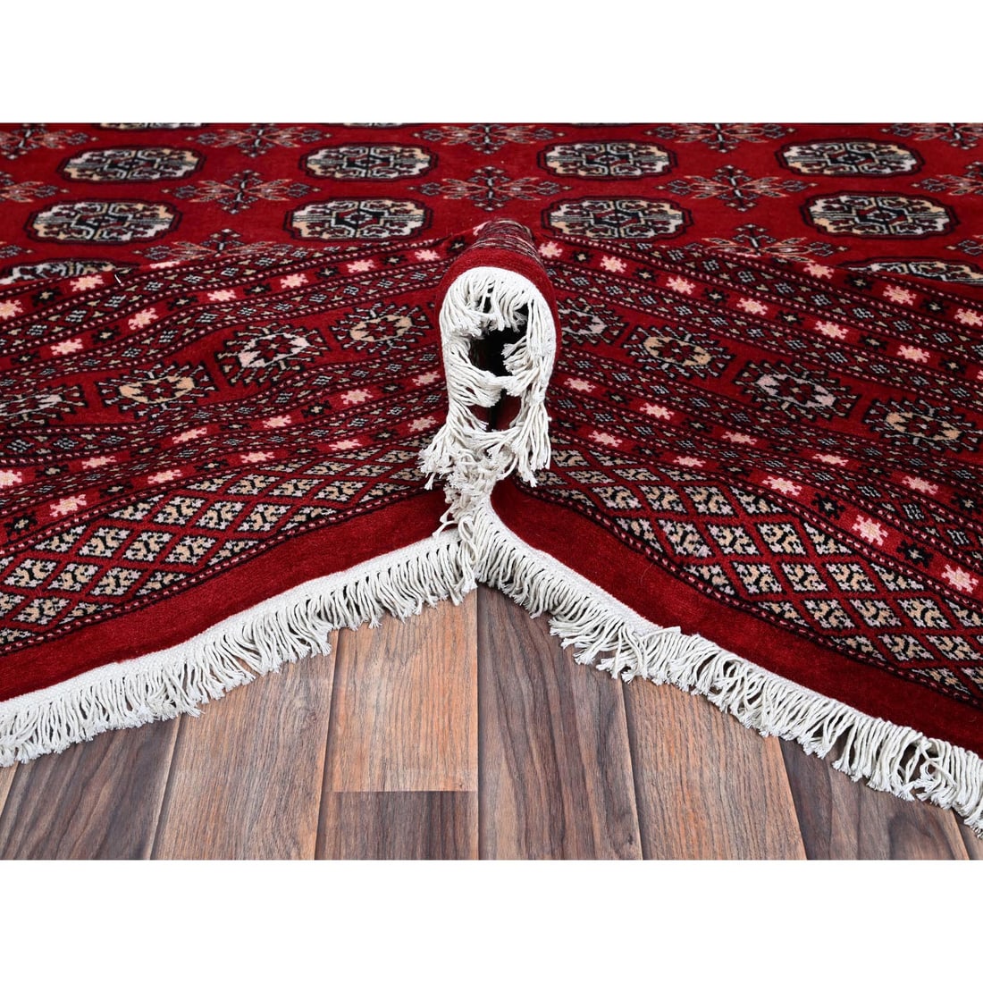 Red Princess Bokara Tribal Medallions Design Hand Knotted Wool Rug - 5