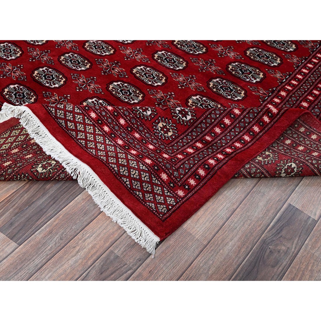 Red Princess Bokara Tribal Medallions Design Hand Knotted Wool Rug - 6