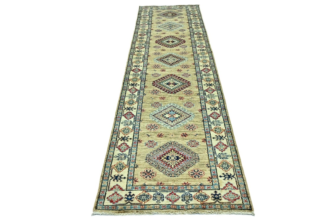 Beige Tribal Geometric 2'7X9'6 Kazak Pakistan Oriental Runner Rug - 11